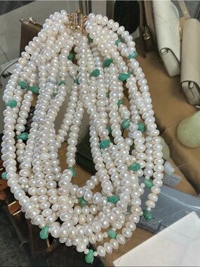 Multi-Strand White Pearl Necklace with Green Accents